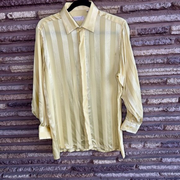 Carracci Vintage Yellow Tone on Tone Striped 100% Silk Disco Shirt Size M As IS - Picture 7 of 9